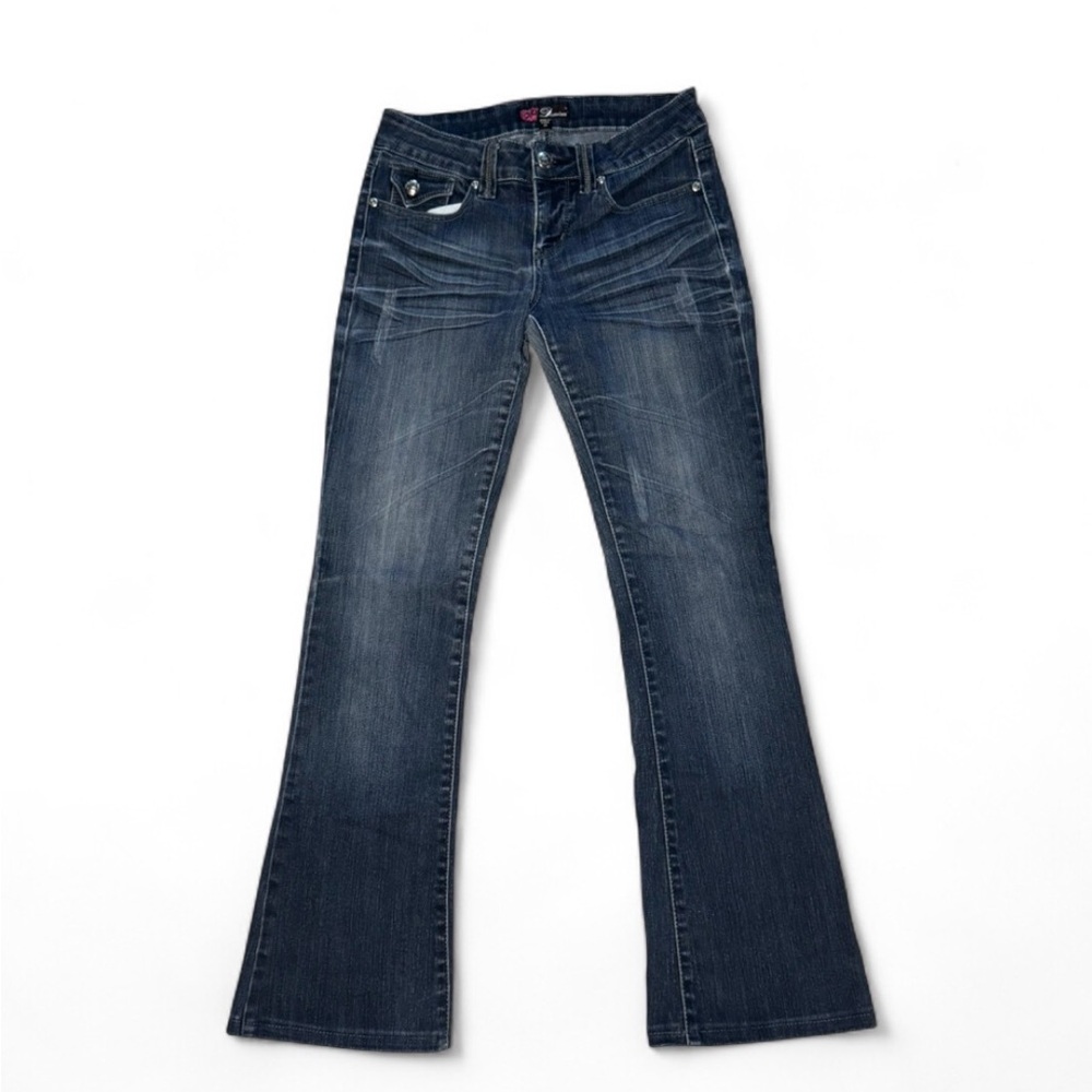 Y2K 2B Denim low rise flare jeans with rhinestone details on the pockets 🪩